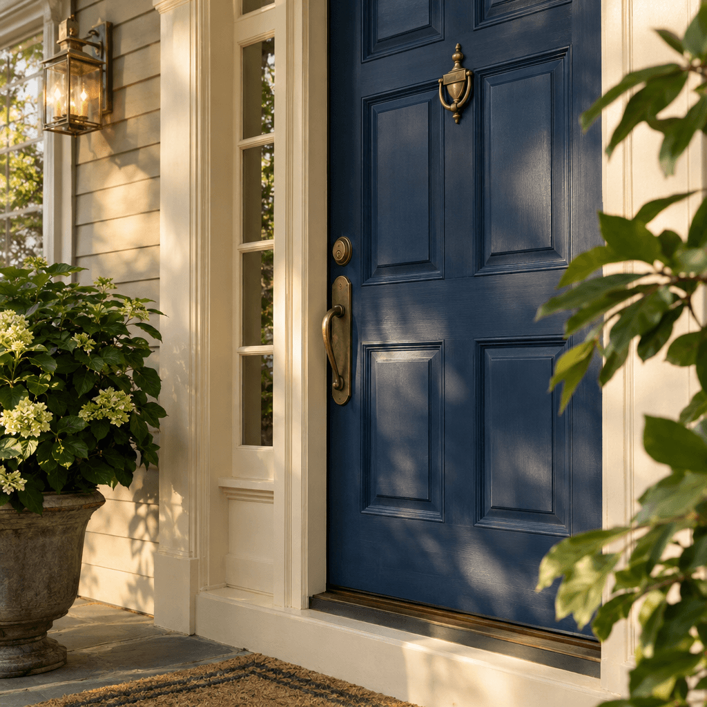 A welcoming deep blue front door with warm brass hardware